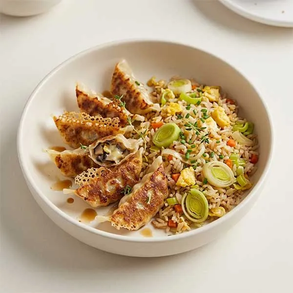 Savoury Mushroom & Cheese Dumplings with  Leek Fried Rice